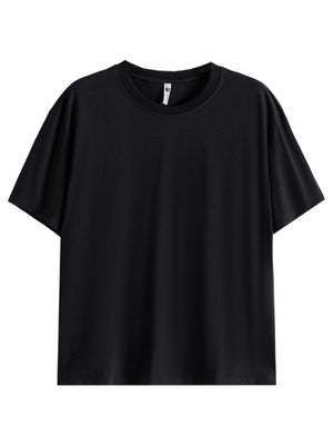 Black cotton crew neck t-shirt with short sleeves and a relaxed fit.