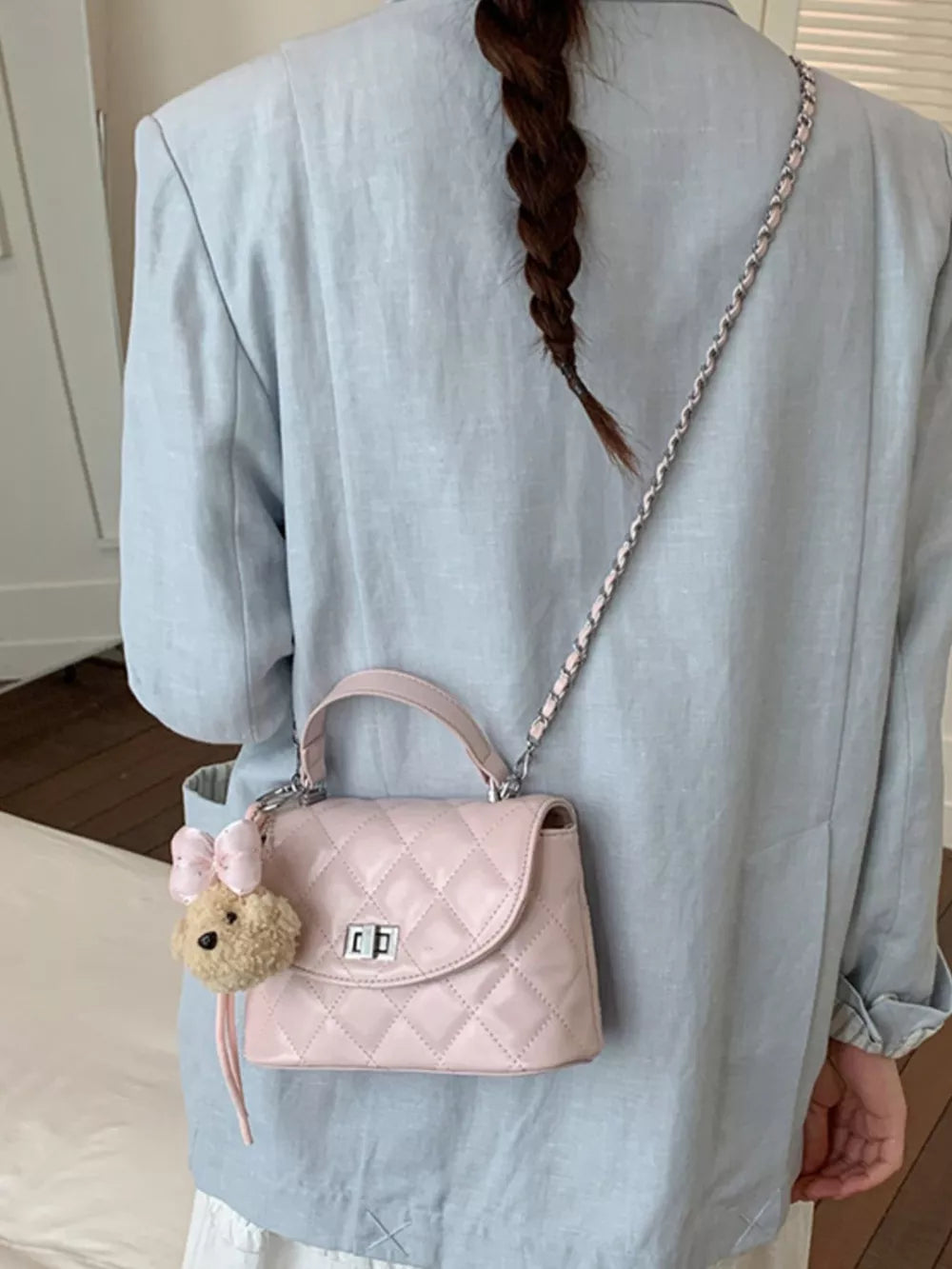 Quilted Chain Strap Crossbody Bag in Pink, model styling view
