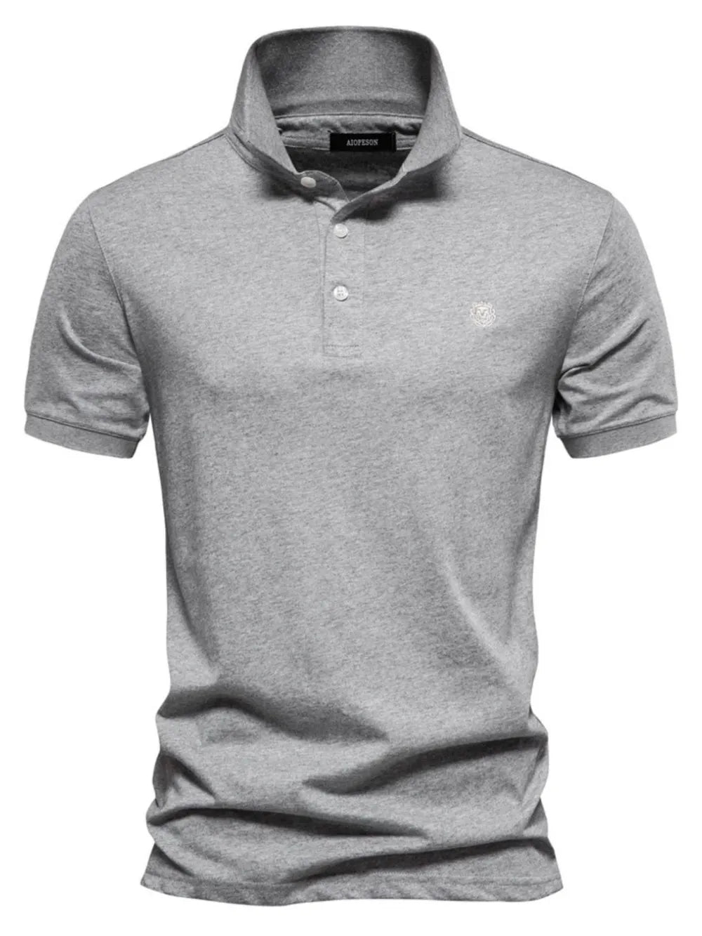 Gray cotton polo shirt with embroidered crest detail and button placket.
