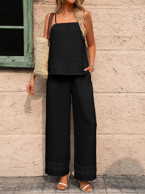 Black lace trimmed cami and wide-leg pants set with eyelet detail