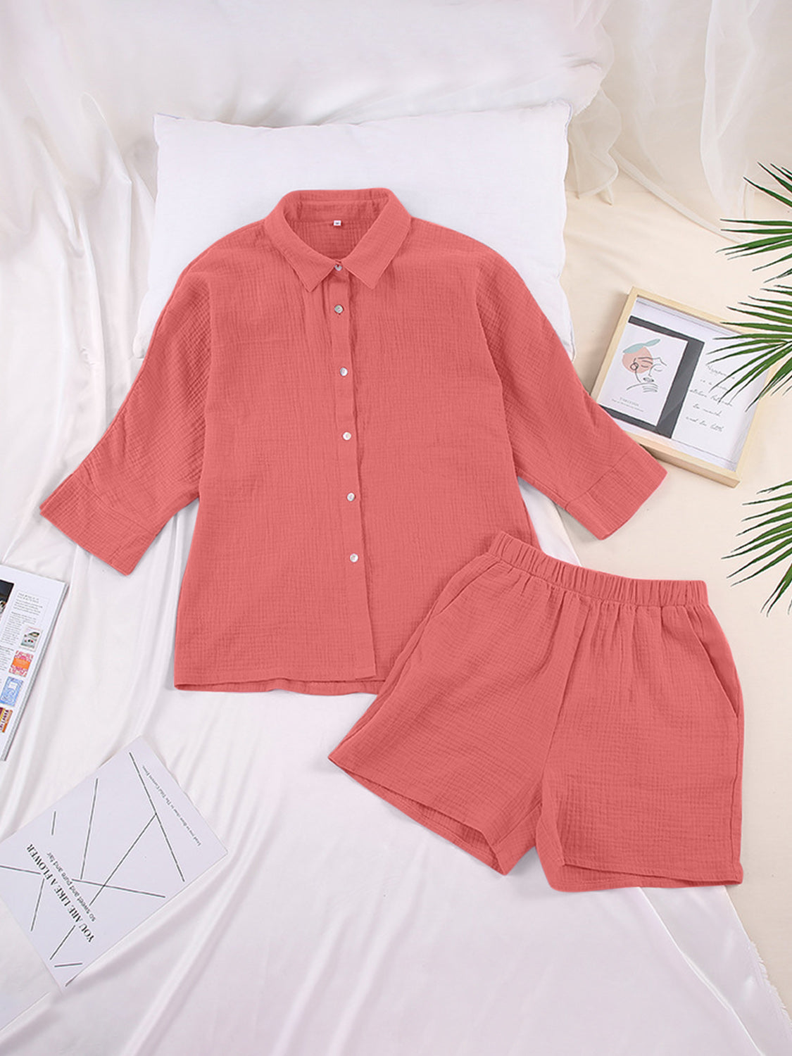 Coral gauze cotton resort shirt and shorts set with button front and elastic waist.