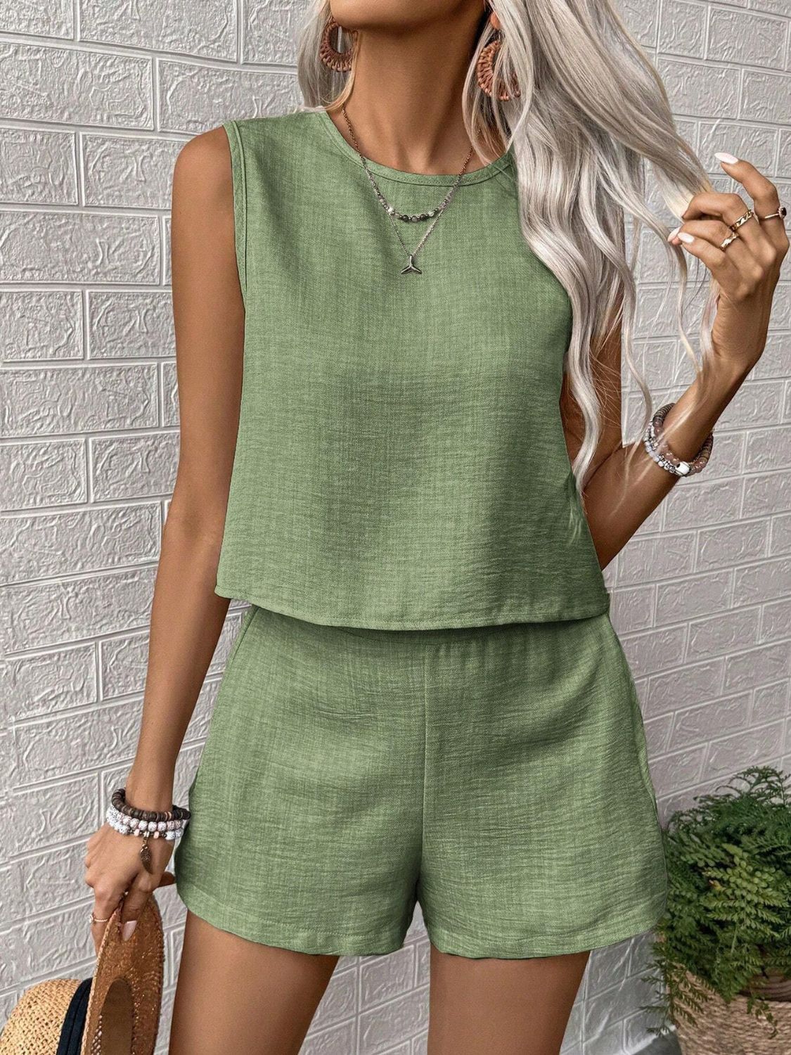 Textured linen tank and short co-ord set in Matcha Green, casual boho style.