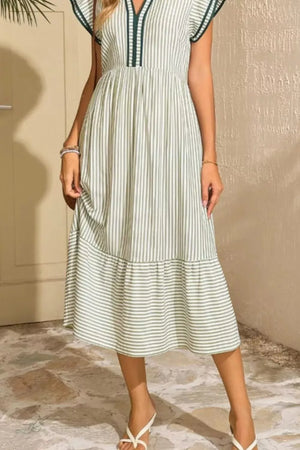 Moss striped midi dress with ruffle sleeves and V-neck, featuring a tiered hem.