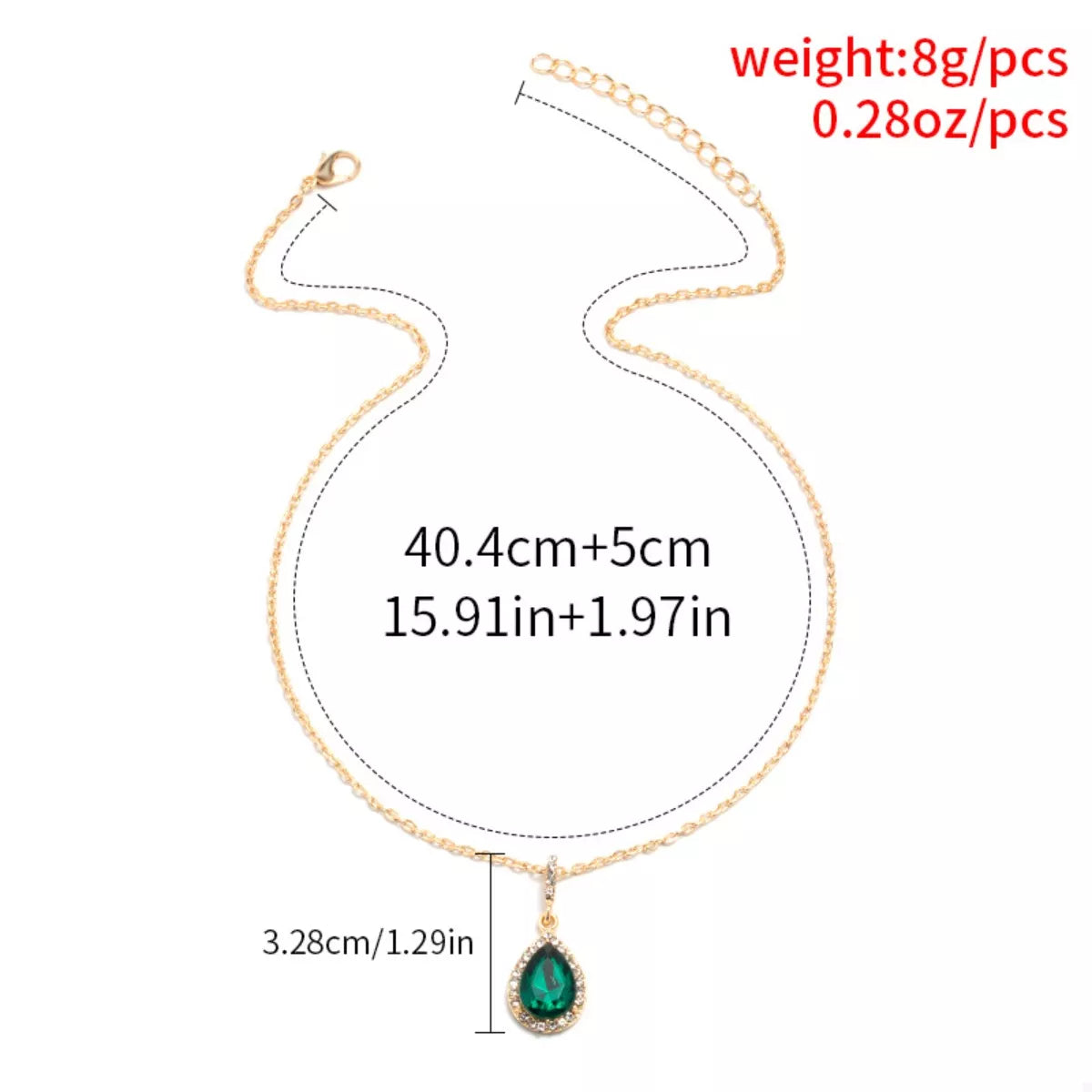 18K gold-plated necklace with dark green teardrop crystal pendant and chain.
