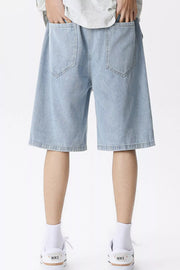 Light blue denim shorts for men with vintage wash and drawstring waist.