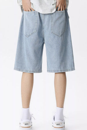 Light blue denim shorts for men with vintage wash and drawstring waist.