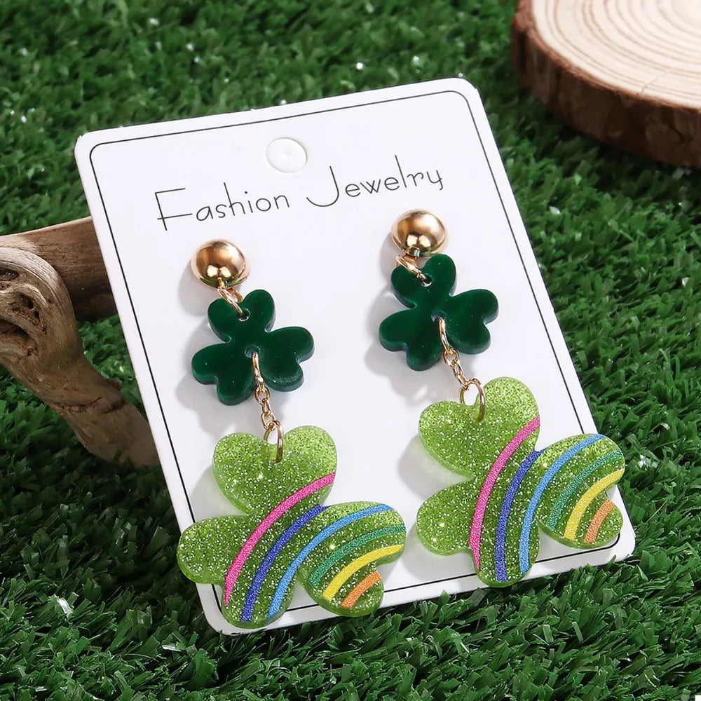 Gold ball stud clover dangle earrings with green glitter and colorful stripes
