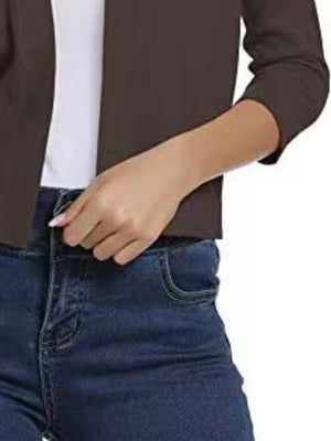 Cropped elbow-sleeve open-front knit cardigan in Chocolate.