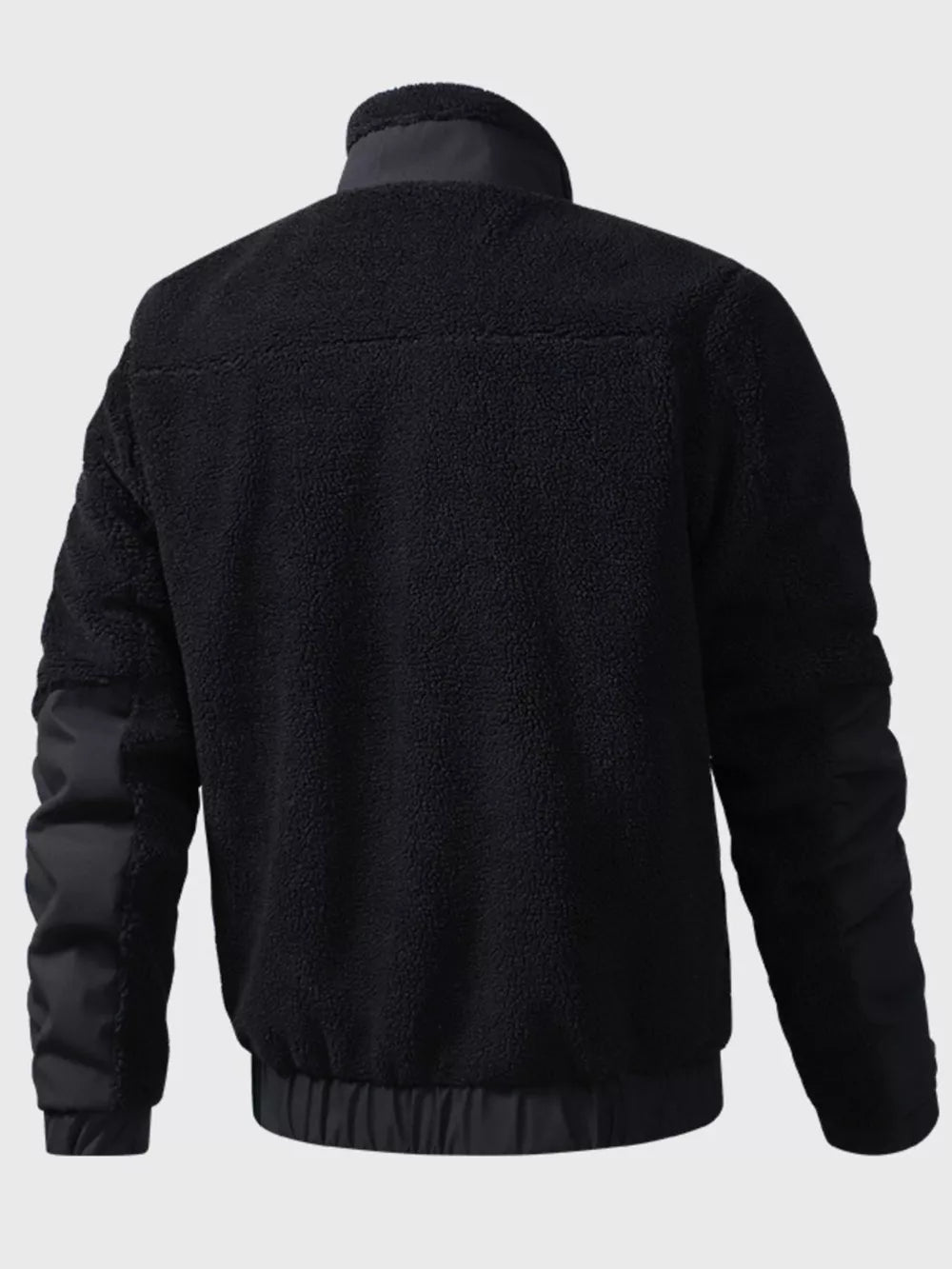 Black sherpa fleece zip-up jacket with contrast nylon sleeves and collar.