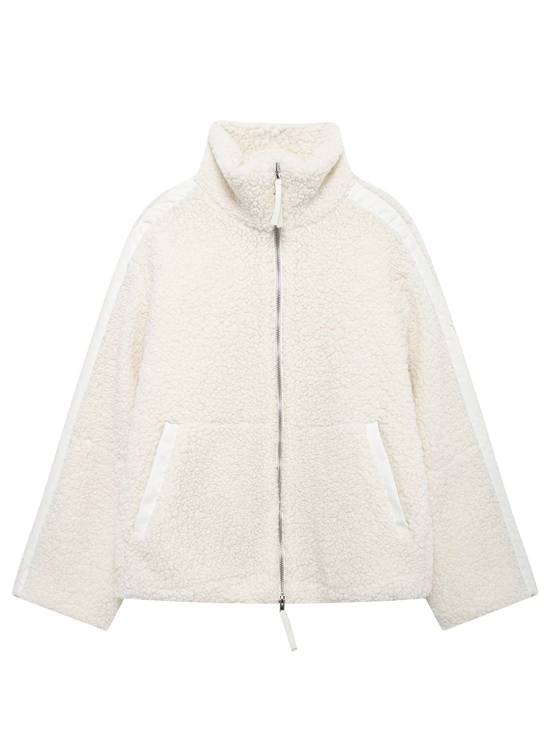 White teddy fleece zip-up jacket with contrast piping and high collar.