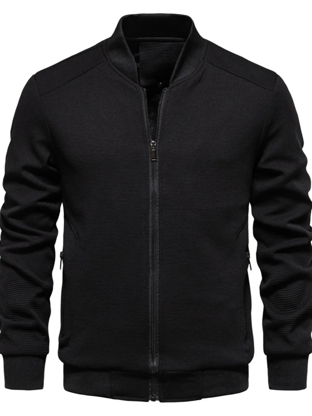 Black textured knit bomber jacket with zip front and ribbed collar.