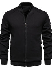 Black textured knit bomber jacket with zip front and ribbed collar.