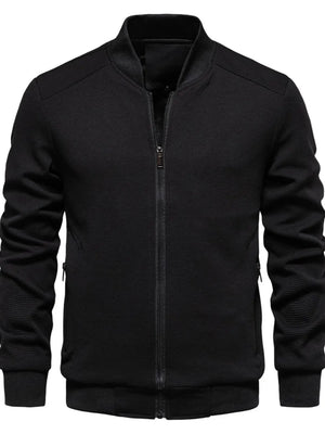 Black textured knit bomber jacket with zip front and ribbed collar.
