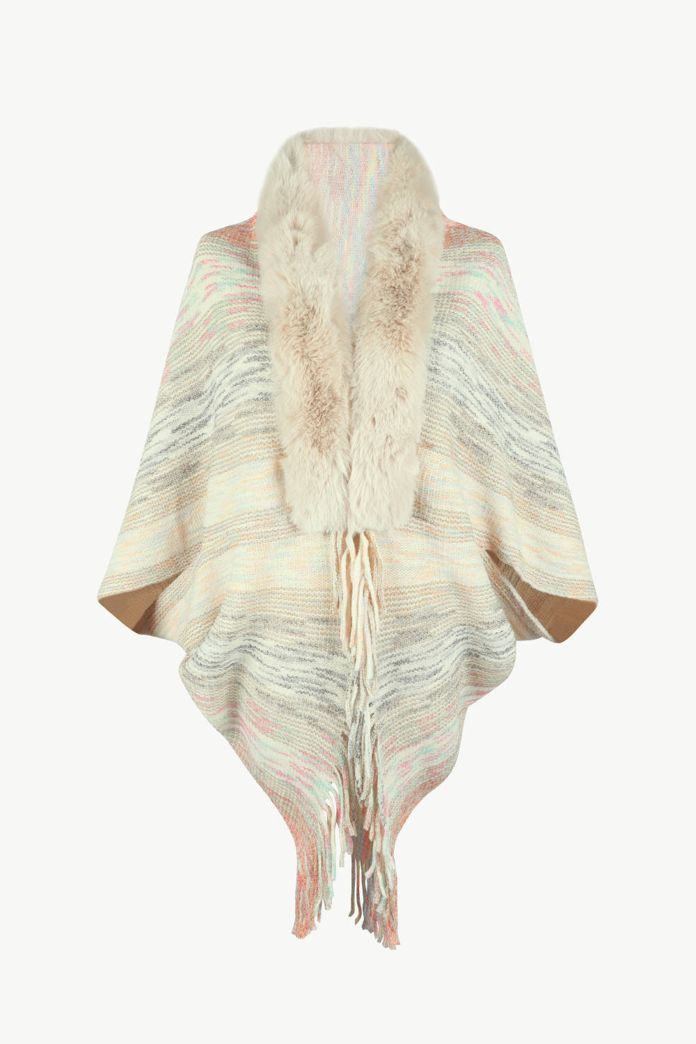 Textured knit cape with faux fur collar and fringe detail in a multi-color stripe pattern.