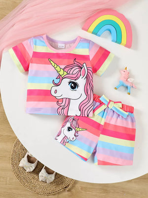 Baby girls unicorn rainbow striped shorts set with unicorn graphic.