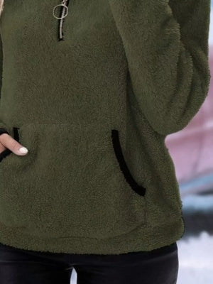 Army green fleece quarter zip pullover with black trim pocket and zipper detail.