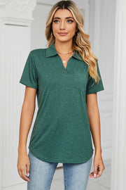 Dark Green V-neck polo tee with short sleeves and a chest pocket.