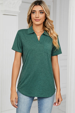 Dark Green V-neck polo tee with short sleeves and a chest pocket.