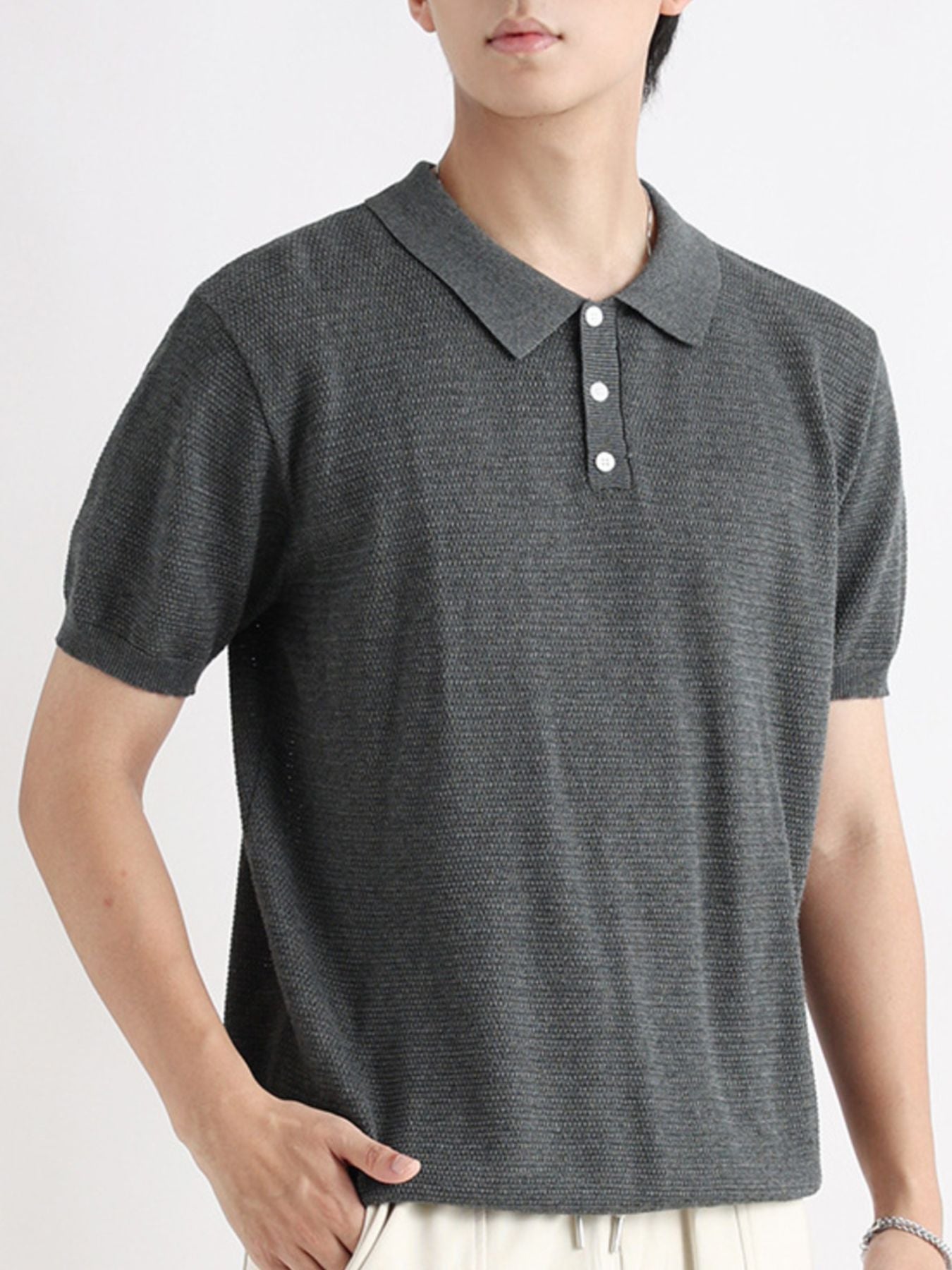 Grey short-sleeve cotton polo shirt with button detail