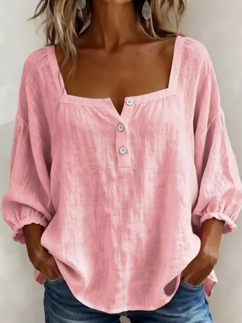 Full Size Square Neck Button Detail Blouse, alternate angle