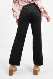 Black seamed front wide leg trousers with elastic waist and back pockets.