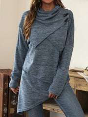 Dusty blue knit asymmetric top with cowl neck and diagonal button detail