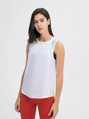 White mesh-back performance tank top with crew neck and sleeveless design