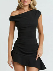 Black asymmetrical ruffle hem mini dress with ruched detailing.