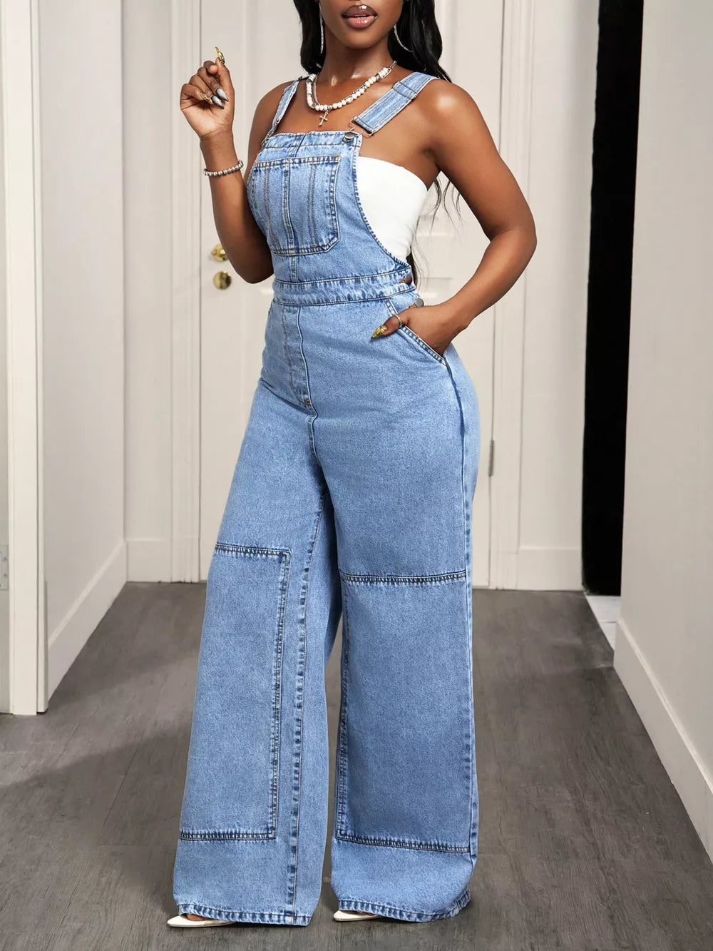 Wide Strap Wide Leg Denim Overalls, close-up detail