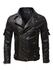 Black faux leather motorcycle jacket with brass hardware, asymmetrical zip, and belted waist.