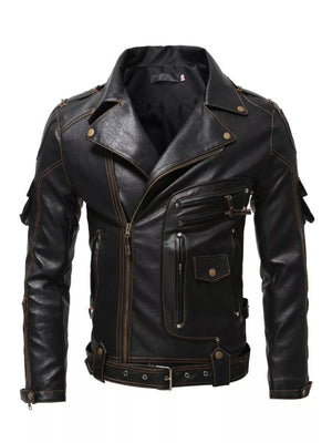 Black faux leather motorcycle jacket with brass hardware, asymmetrical zip, and belted waist.