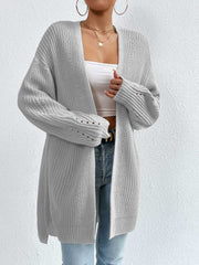 Longline Heather Gray knit open cardigan with ribbed texture and openwork detail on sleeves.
