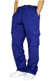 Royal blue fleece cargo lounge trousers with drawstring waist and side pockets.