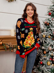 Black graphic knit sweater with pizza Christmas tree, gingerbread men, snowflakes, and text.
