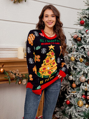 Black graphic knit sweater with pizza Christmas tree, gingerbread men, snowflakes, and text.