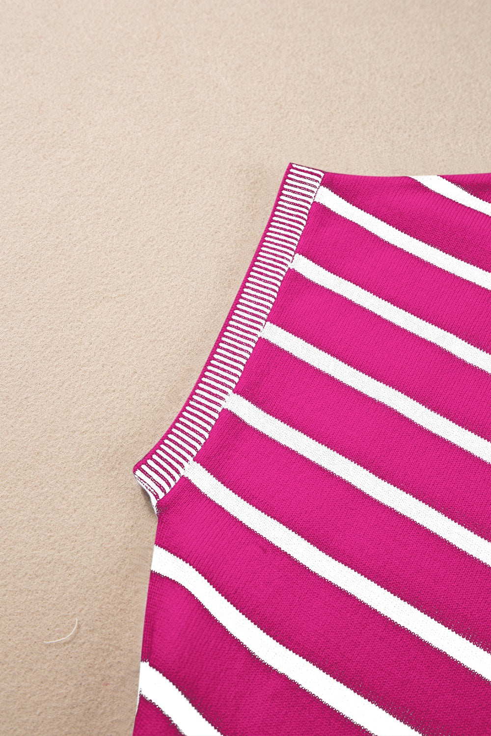 Boxy knit tee in hot pink with white stripes and contrast ribbed trim detail.