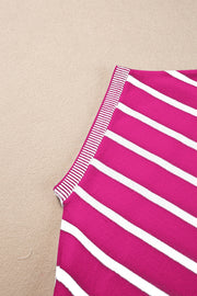 Boxy knit tee in hot pink with white stripes and contrast ribbed trim detail.