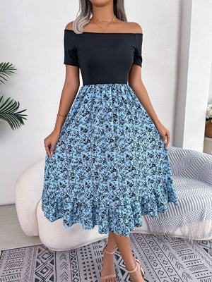Floral print off-shoulder midi dress in sky blue with black floral pattern and ruffled hem.