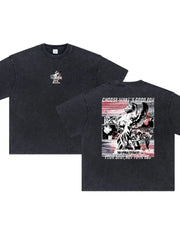 Black vintage wash graphic tee with "Freedom" on front and statue graphic with text on back.