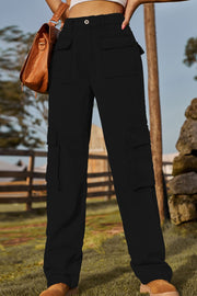 Black denim cargo pants with multiple utility pockets and a relaxed fit.