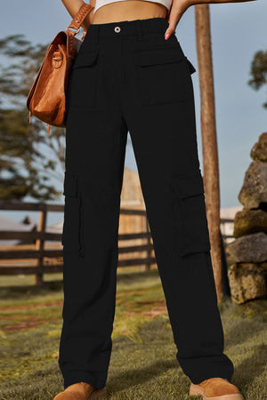 Black denim cargo pants with multiple utility pockets and a relaxed fit.