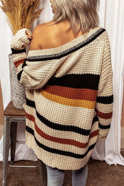Chunky knit cardigan in khaki with bold stripes and pockets.