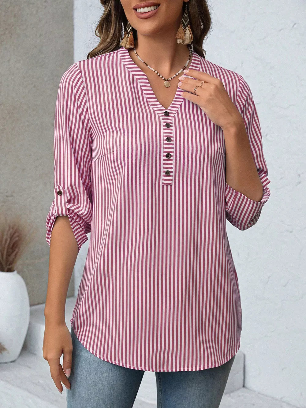 Red Stripe V-neck blouse with roll-up sleeves and button detail