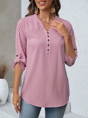 Red Stripe V-neck blouse with roll-up sleeves and button detail