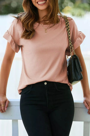 Pink ribbed maternity t-shirt with ruffled short sleeves and relaxed fit.