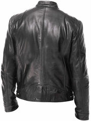 Black faux leather biker jacket for men with quilted shoulder detail and zip cuffs.