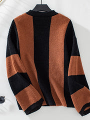 Colorblock stripe knit sweater in caramel and black with a waffle knit texture.