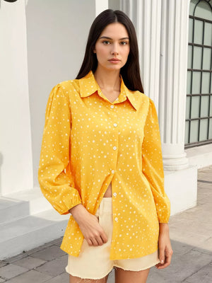 Polka Dot Puff Sleeve Shirt in Yellow, front view