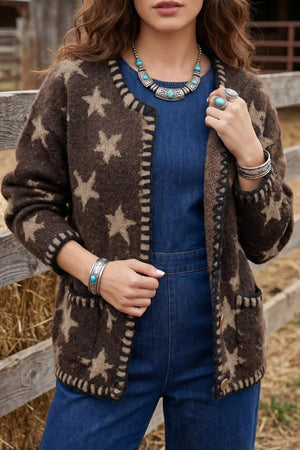 Stars Pattern Colorblock Long Sleeve Cardigan in Coffee Brown, front view