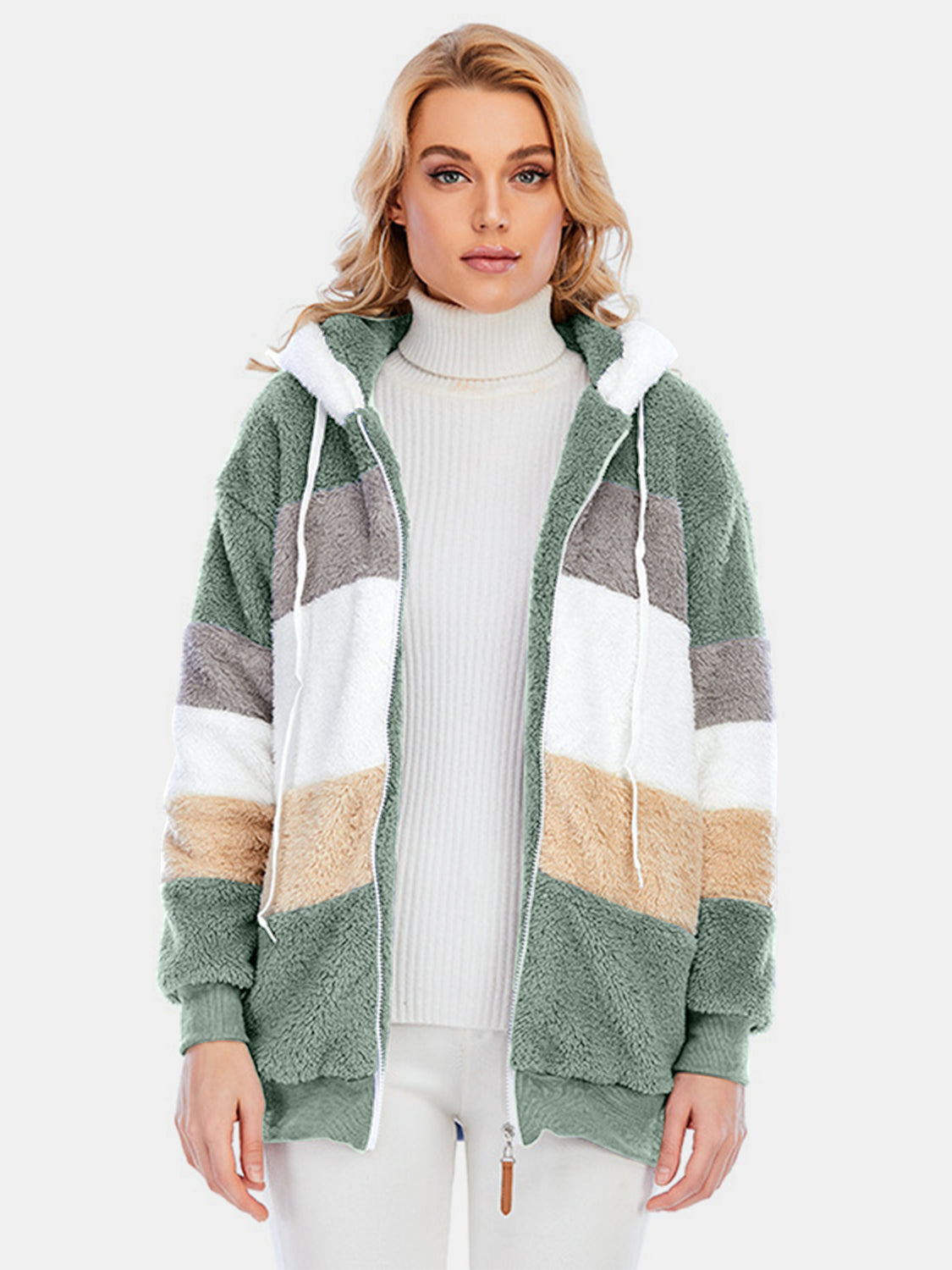 Teddy fleece zip-up hoodie with color block pattern in green, tan, white, and grey.